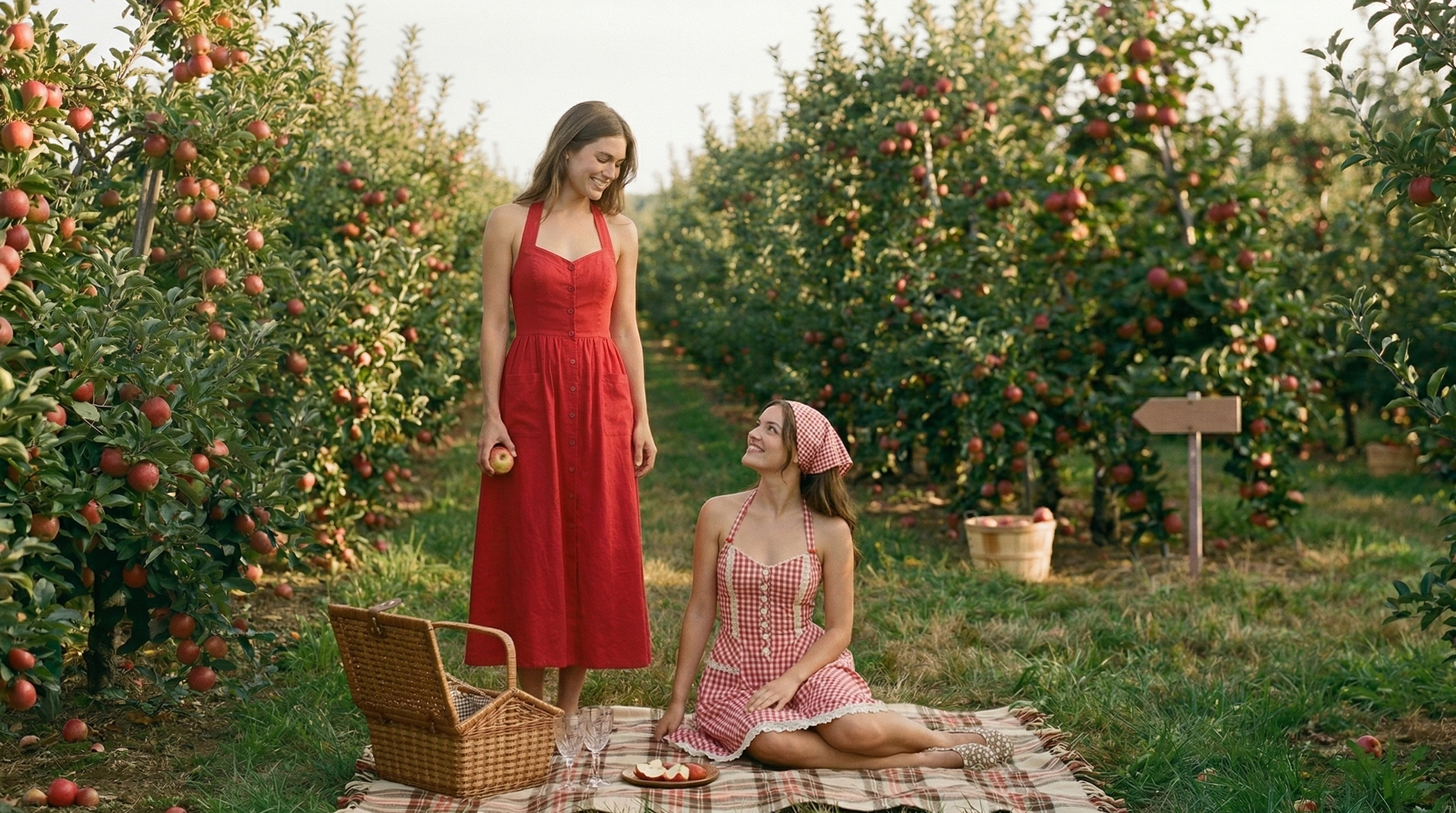 Two women in an apple orchard, one standing and one sitting on a blanket with a picnic basket.